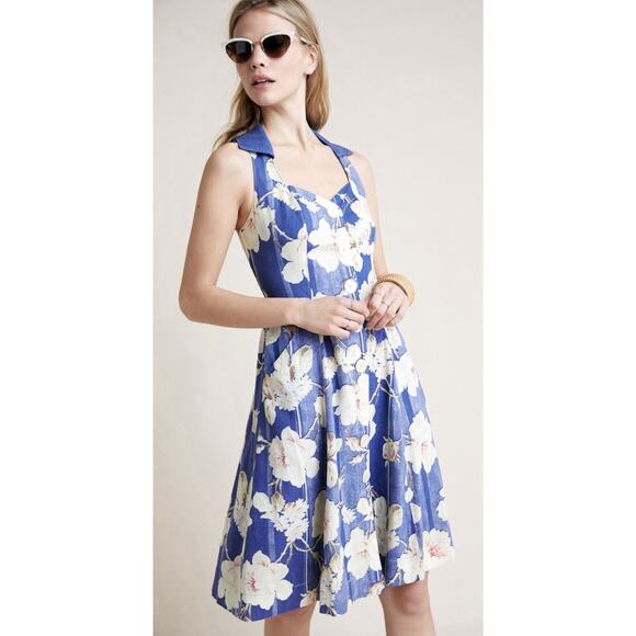 ANTHROPOLOGIE Camellia Linen Floral Collared Retro Pin-Up Fit-N-Flare Dress - Picture 1 of 16